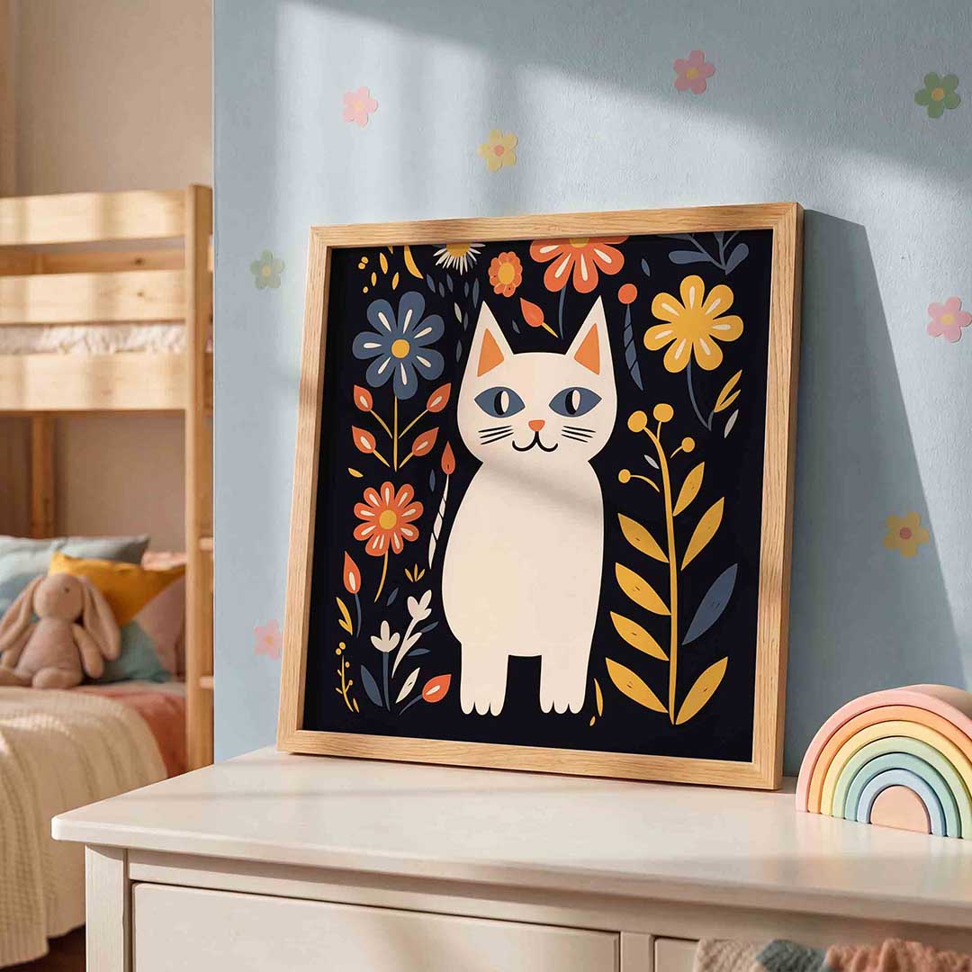 Kat met bloemen – speelse wandkunst als vierkante kinderposter