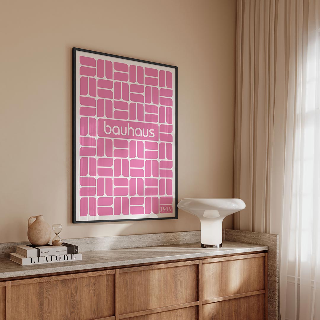 Roze vlakritme – geometrische Bauhaus poster in staand formaat