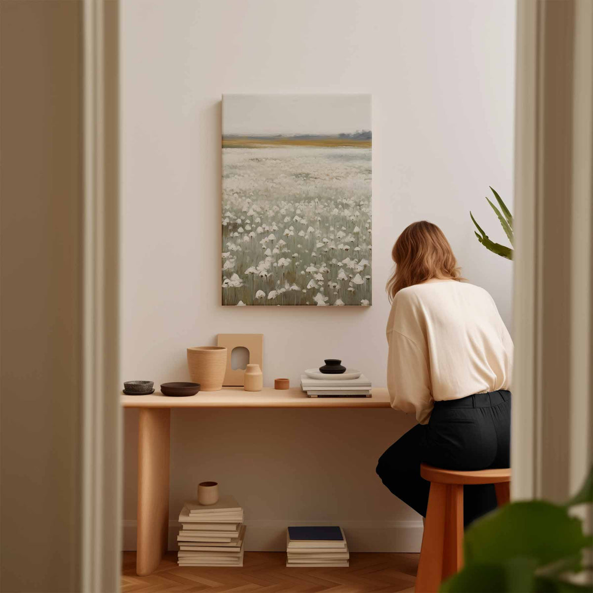 Veld van Witte Bloemen – kunstwerk met zwarte baklijst