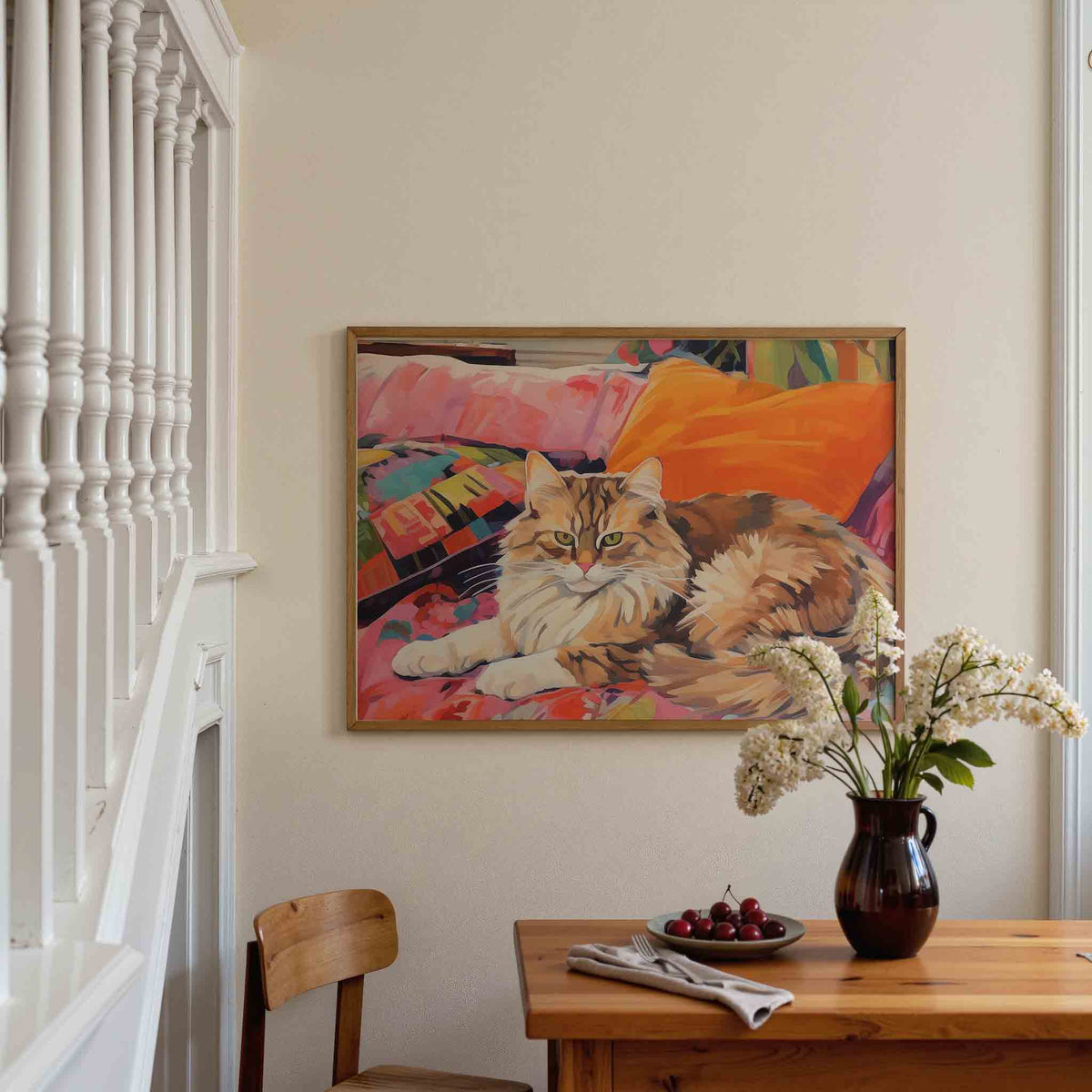 Kat op kleurrijke kussens – dieren poster in liggend formaat