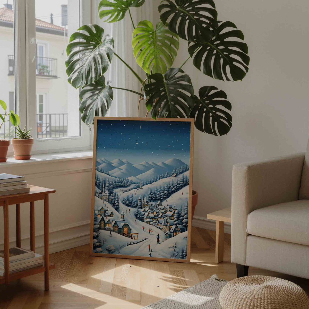 Winterdorp in de bergen – feestelijke wandkunst als portret poster