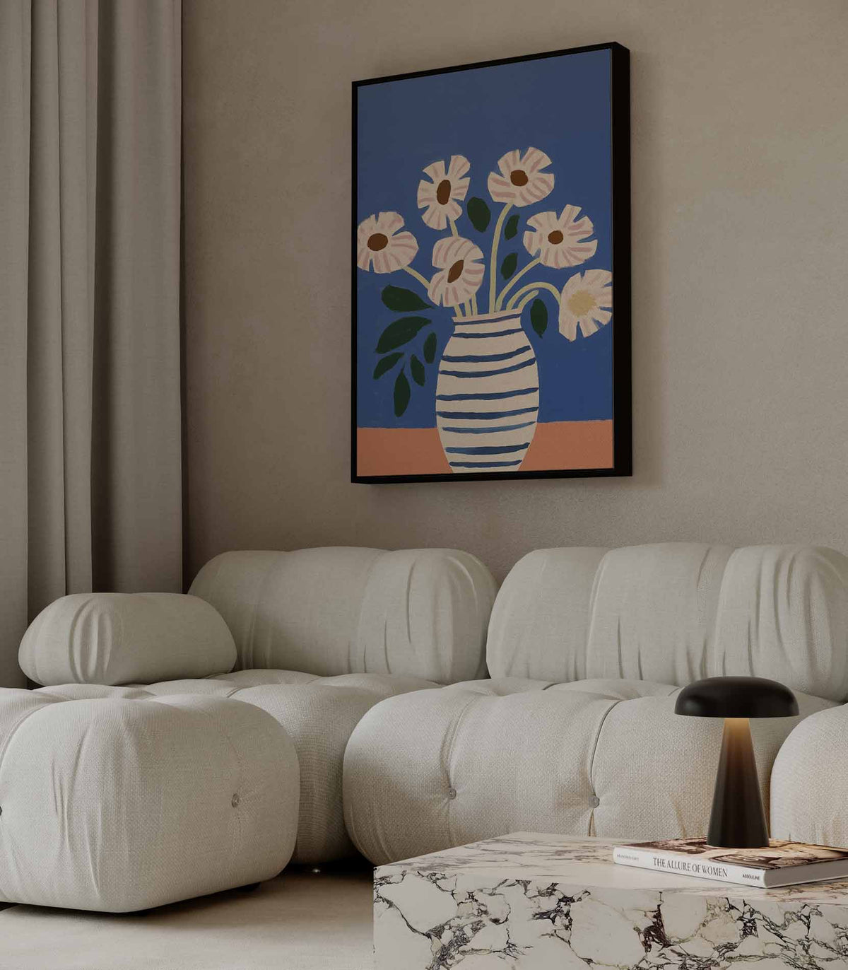 Stralende Bloemen in Gestreepte Vaas – dibond wanddecoratie in staand formaat
