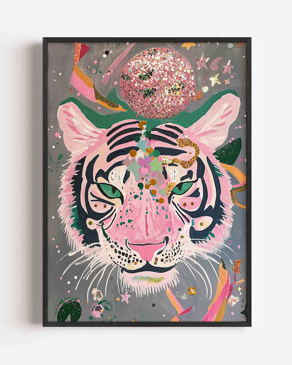 Tijger met roze en groene accenten – dieren portret poster als wanddecoratie