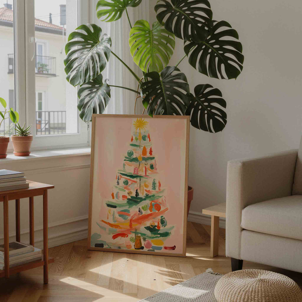 Kerstboom met decoraties – feestelijke wandkunst als portret poster