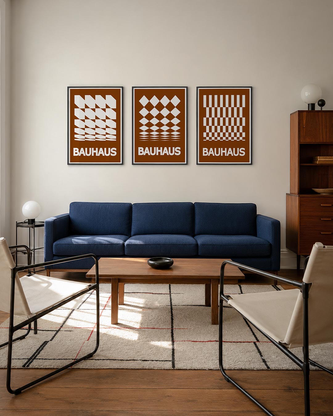 Vormen en vlakken driedelige posterset – deze posterset in drie delen toont een dynamisch lijnenspel met witte en bruine