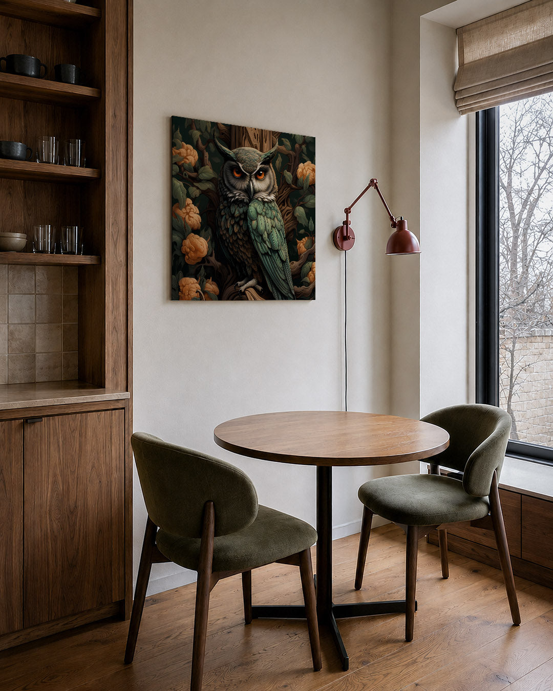 Uil in bloemen kunstwerk – derde productweergave – dit kunstwerk toont een gedetailleerde uil omringd door bloemen en