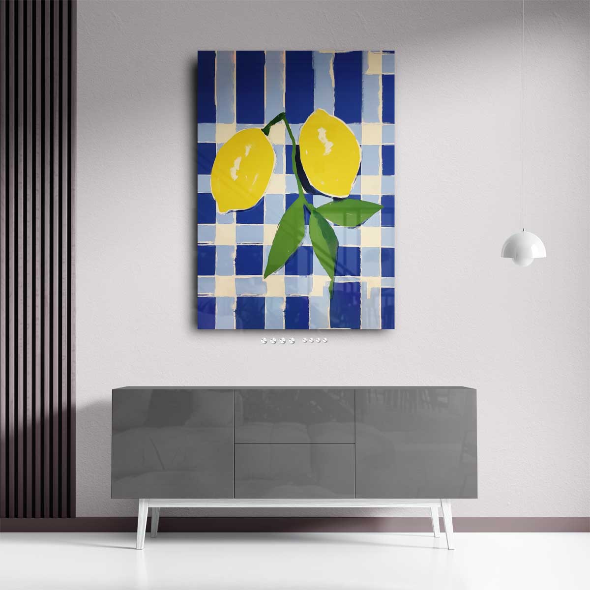 Zonnige Citroenen op Blauwe Schachtdoeken – kunstwerk met zwarte baklijst