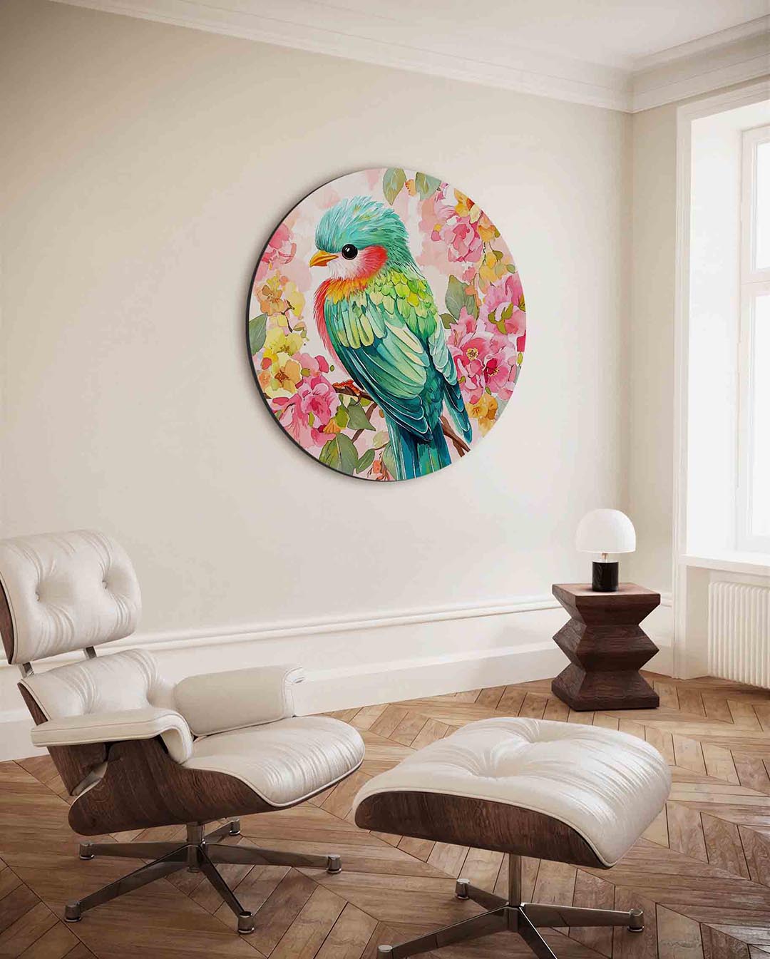 Vogel en bloemen – kleurrijke ronde wanddecoratie van WallArtistic