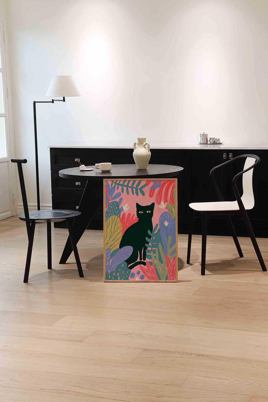 Zwarte kat en bladeren – abstracte wandkunst als portret poster