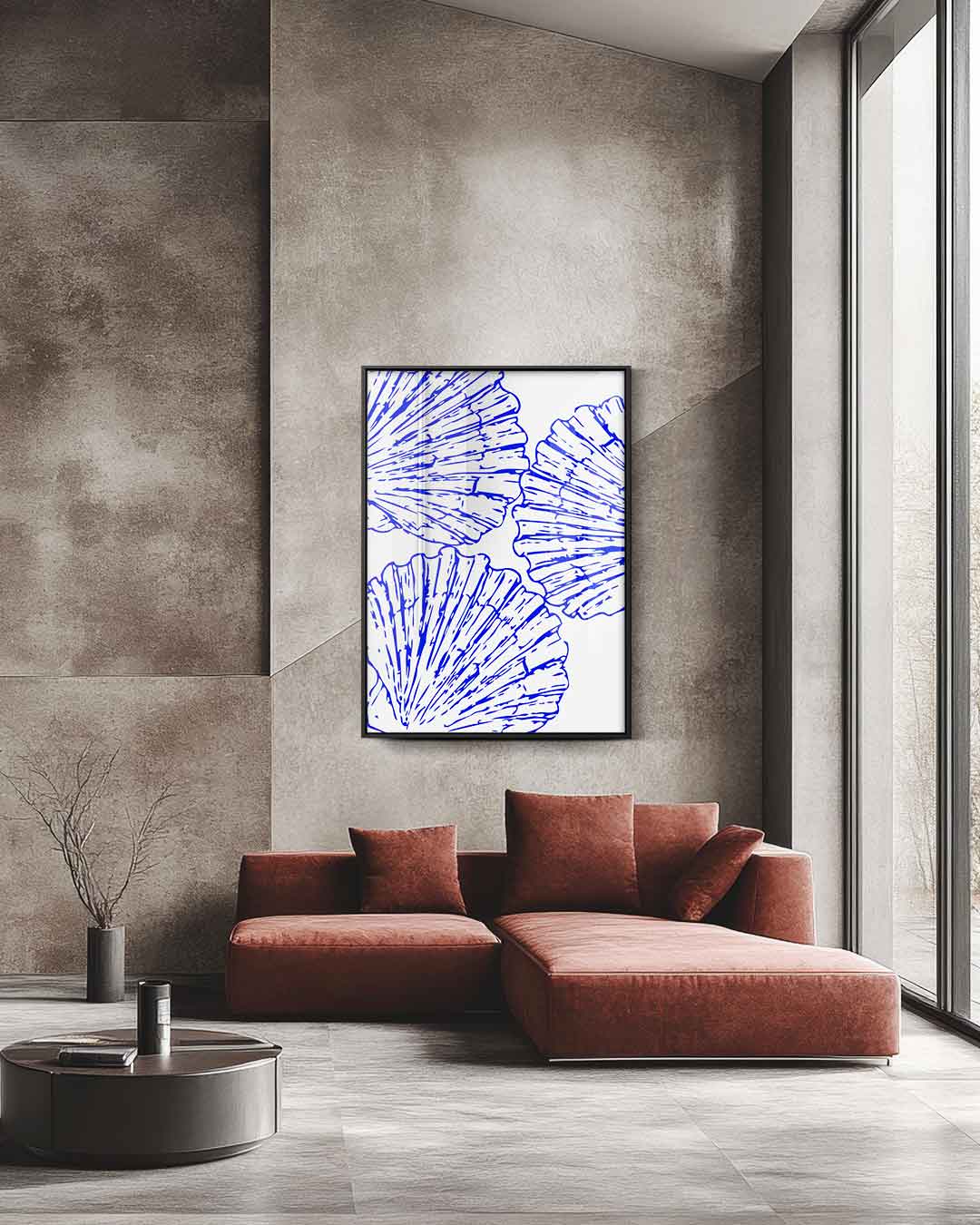 Blauwe schelpenpatroon – staande wandkunst voor woonkamer of interieur