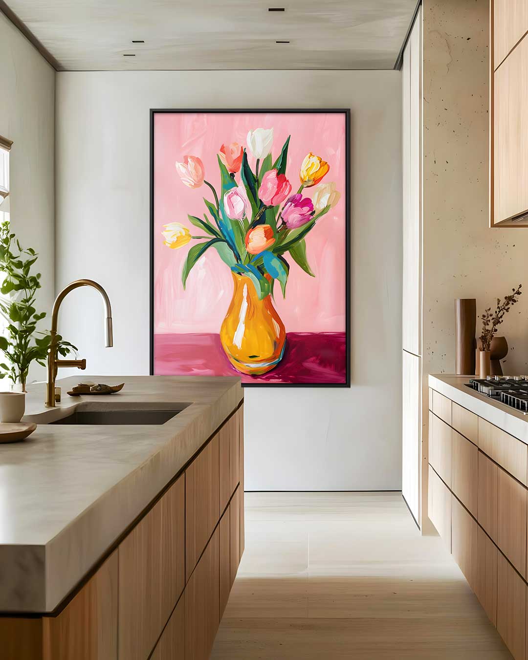 Vrolijk Tulpenboeket op Roze Achtergrond – modern portret kunstwerk van WallArtistic