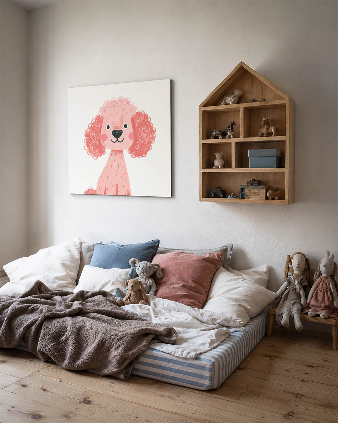 Vrolijke hond illustratie kunstwerk – derde productweergave – dit kunstwerk toont een speelse hond met krullend haar en een