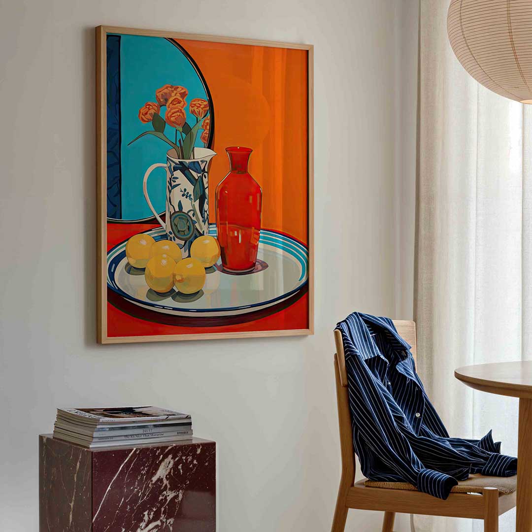 Stilleven met bloemen en fruit – kleurrijke illustratie poster in staand formaat