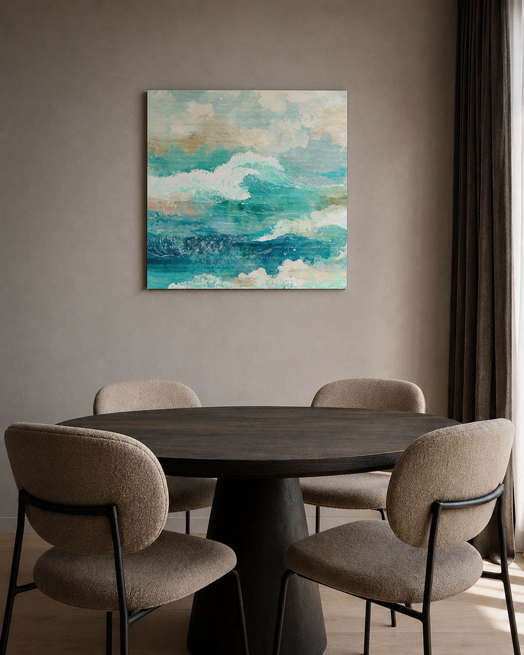Dynamische zee kunstwerk – tweede productweergave – dit werk toont een levendige zee met golven in verschillende tinten blauw