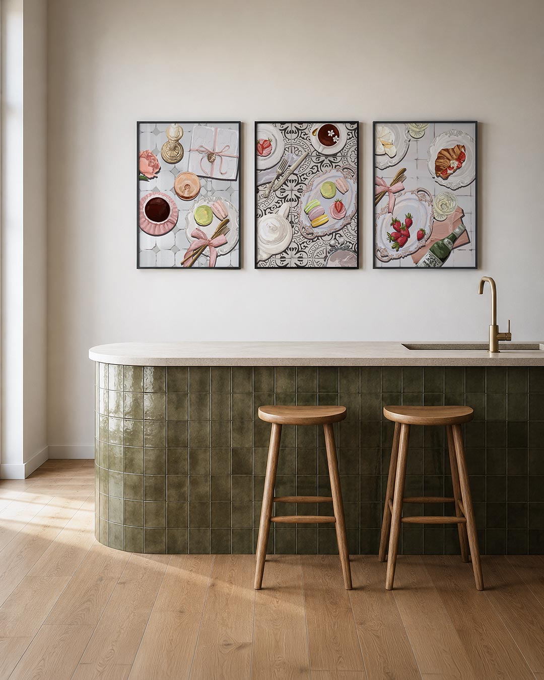 Tafelsfeer posterset – tweede productweergave – een compositie met zachte roze en gouden tinten