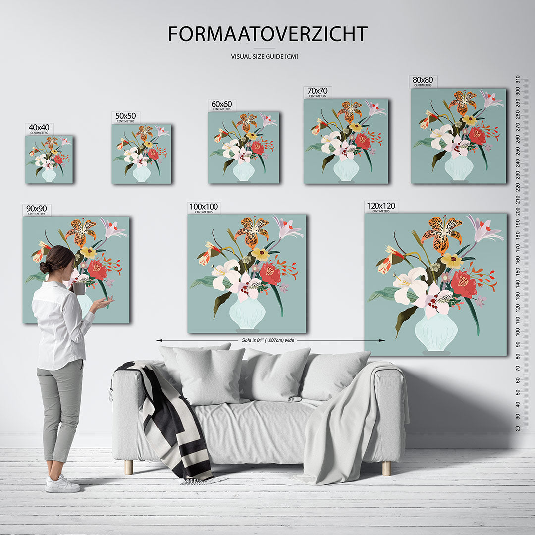Bloemen in vaas kunstwerk – dit werk toont een kleurrijk boeket bloemen in een vaas, met een balans van vormen en levendige