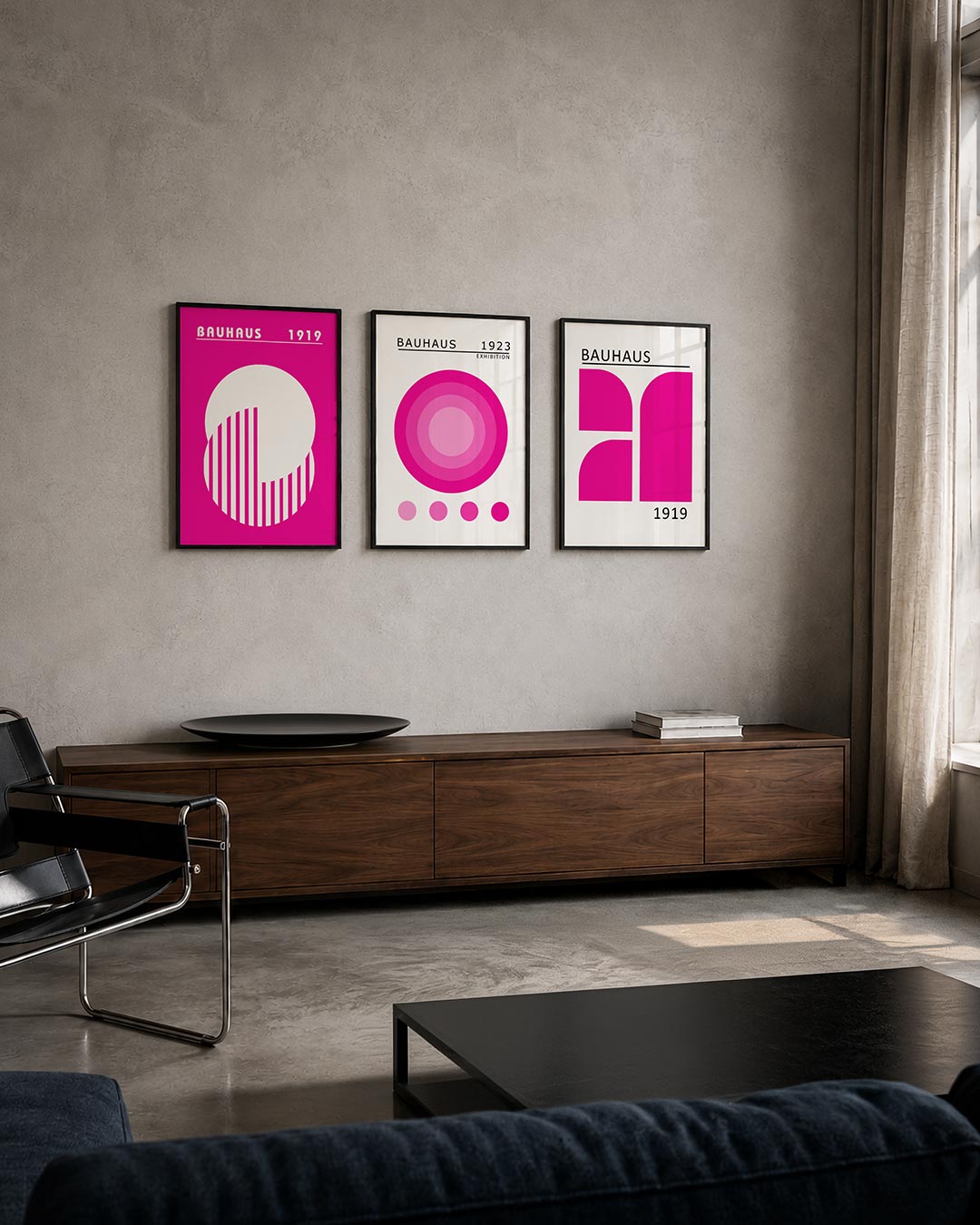 Cirkel en strepen driedelige posterset – een levendige compositie met een grote witte cirkel en