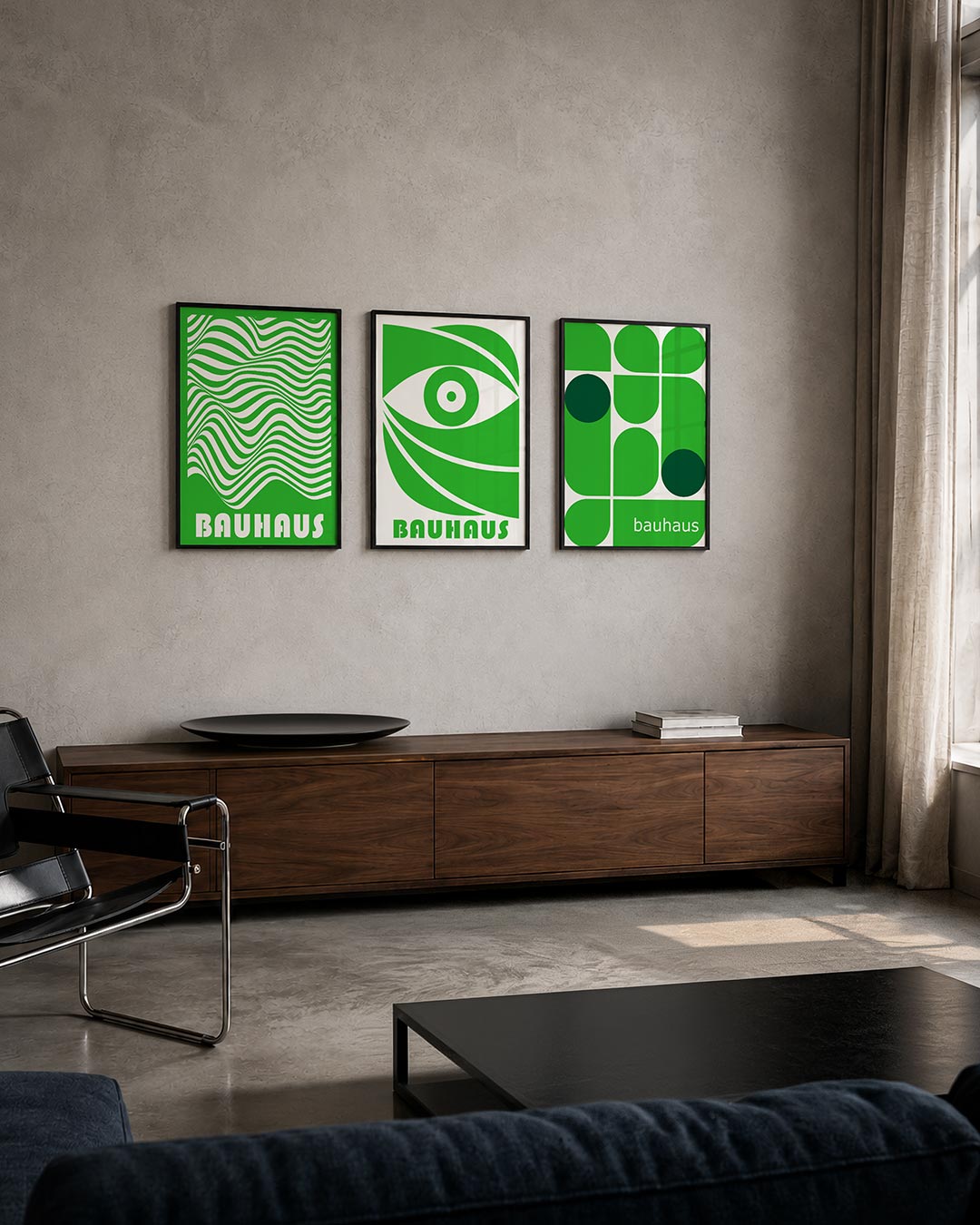 Golvend lijnenspel driedelige posterset – deze poster toont een dynamisch spel van golvende lijnen in groen en wit. De lijnen