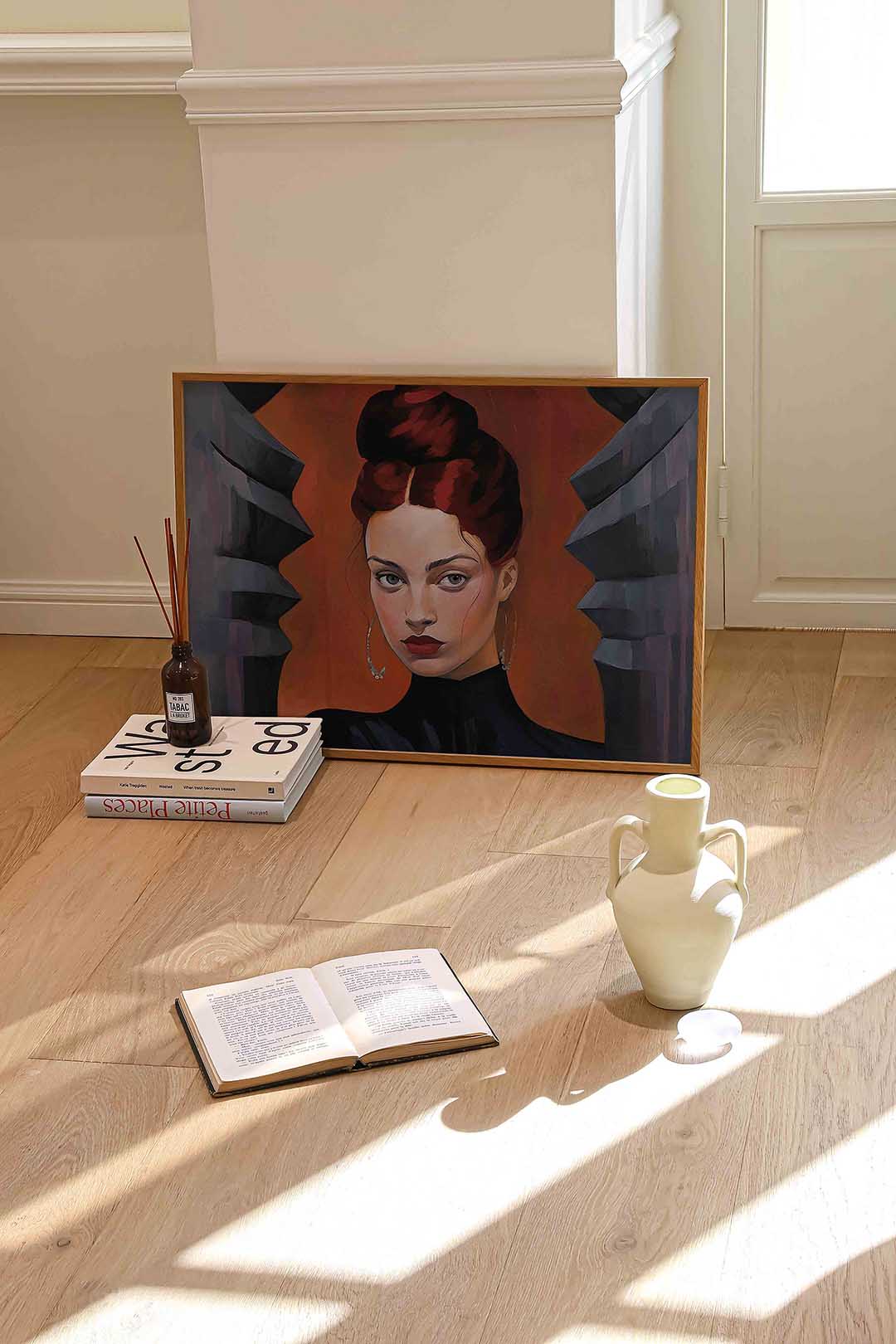 Portret met rode achtergrond – liggende portret wanddecoratie van WallArtistic