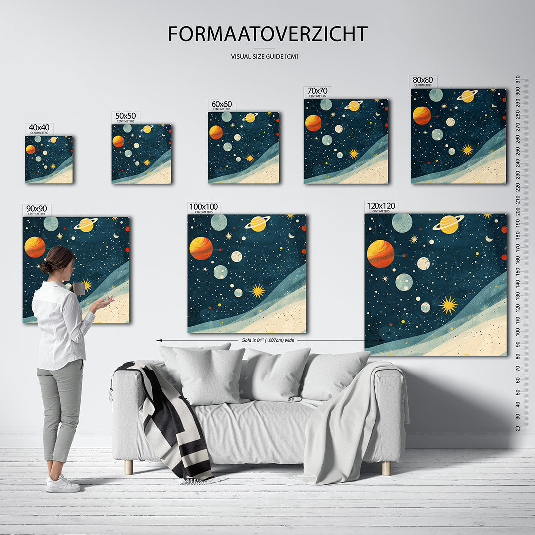 Kosmische vormen kunstwerk – sfeerbeeld – dit kunstwerk toont een levendig universum met planeten en sterren verspreid over