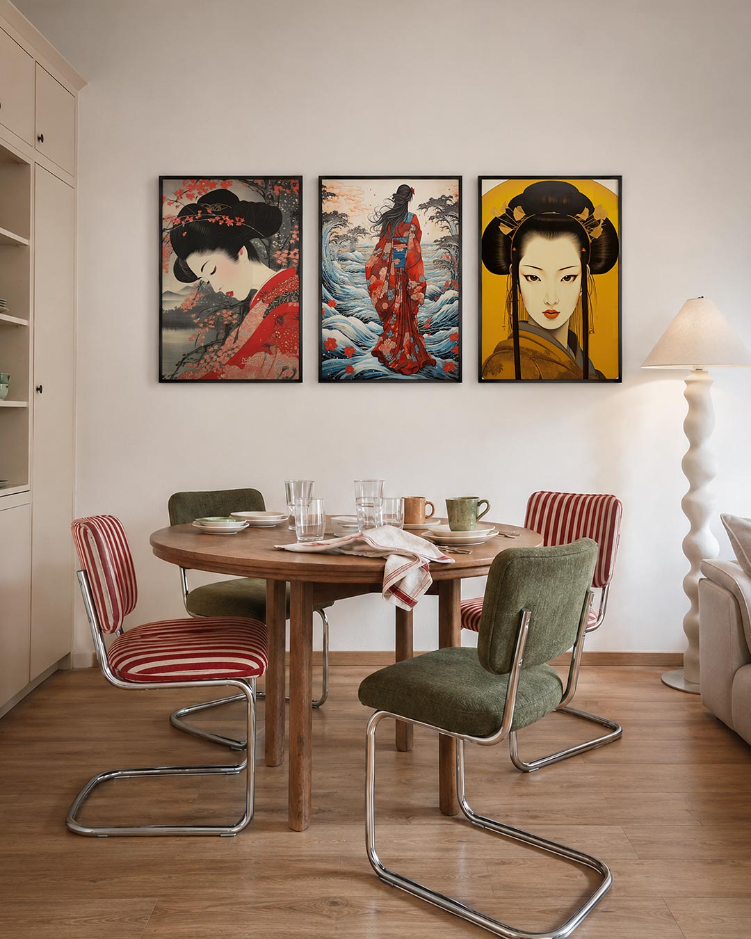 Bloesem en stille schoonheid driedelige posterset – een serene vrouw in rood met bloesemtakken