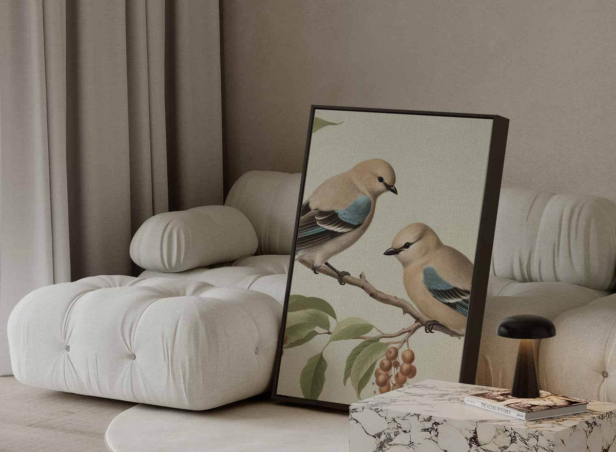 Twee Vogelvriendjes op een Tak – plexiglas wanddecoratie in portret formaat