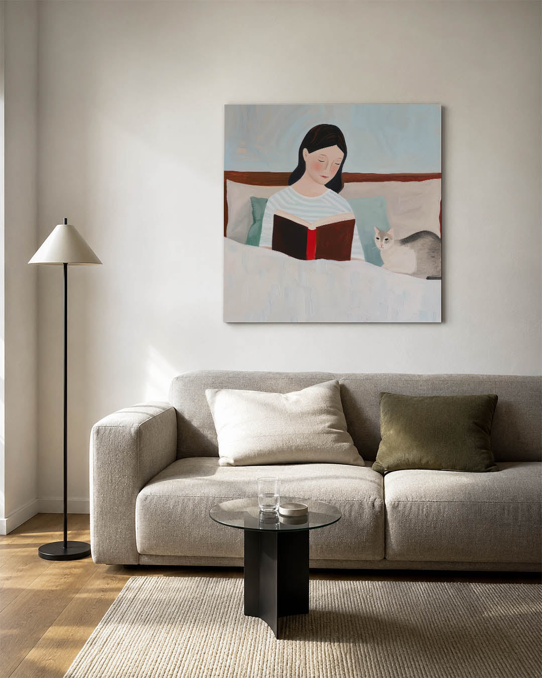 Rustige leesscène kunstwerk – vierkante wanddecoratie – dit kunstwerk toont een serene scène van een vrouw die leest in bed