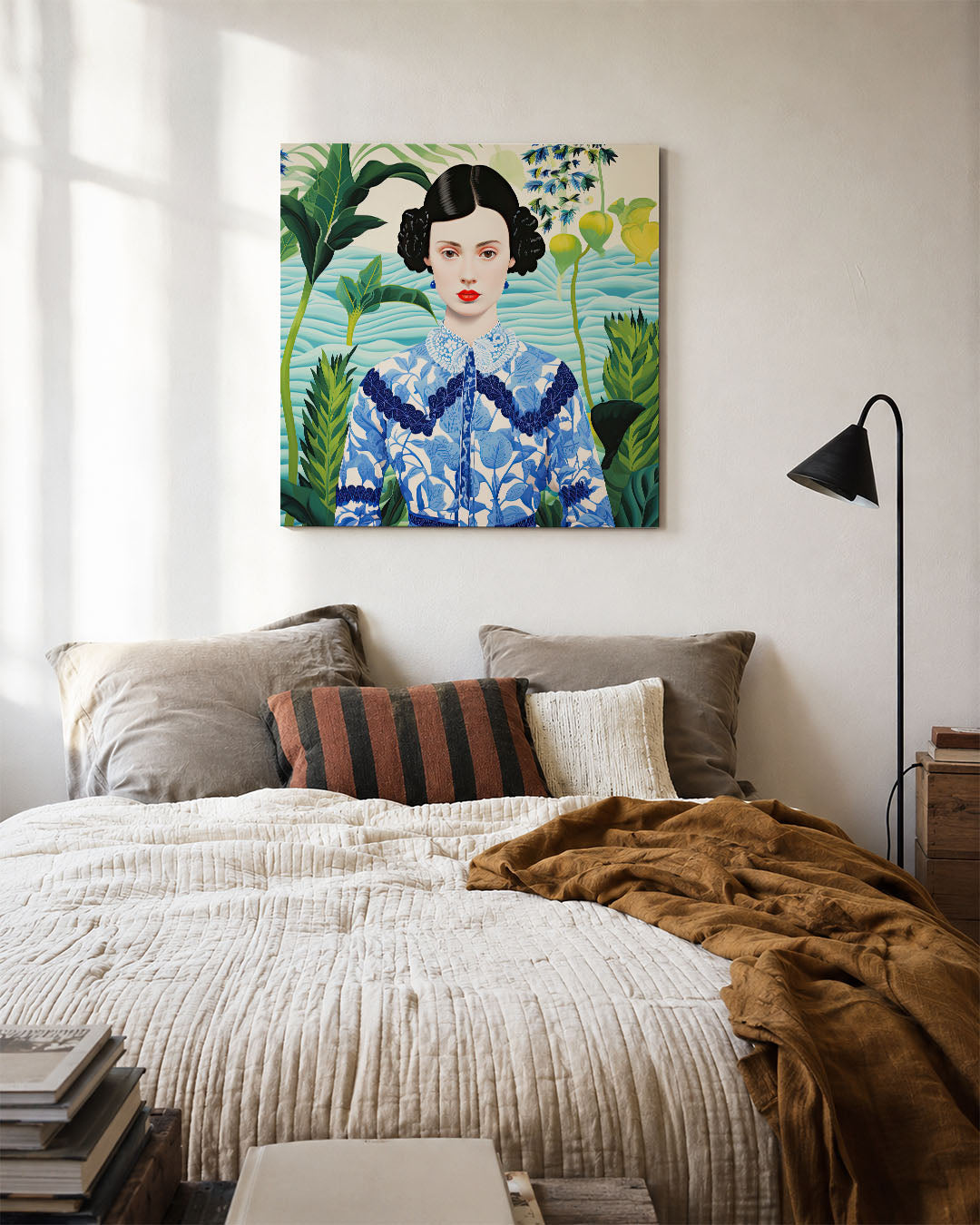 Vrouw in natuurlijke omgeving kunstwerk – detailweergave – dit werk toont een vrouw met een blauw-wit patroon in een groene
