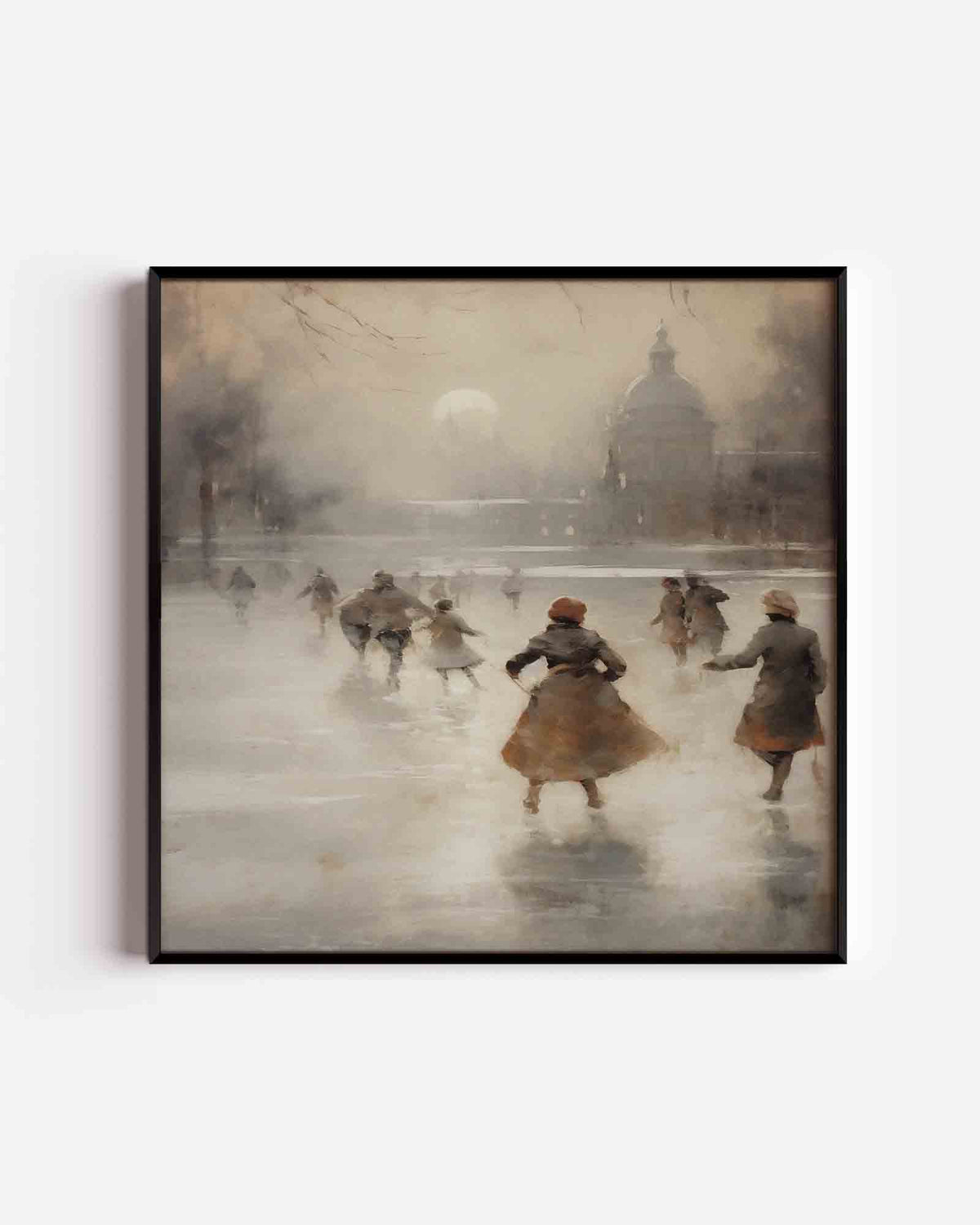 Schaatsers op bevroren meer – kerst vierkante poster als wanddecoratie