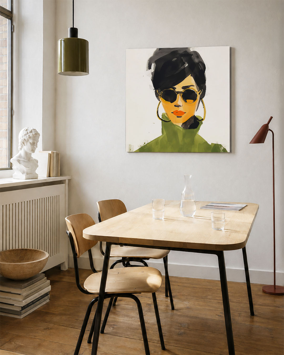 Stijlvolle vrouw kunstwerk – vierkante wanddecoratie – dit kunstwerk toont een vrouw met grote zonnebril en opvallende