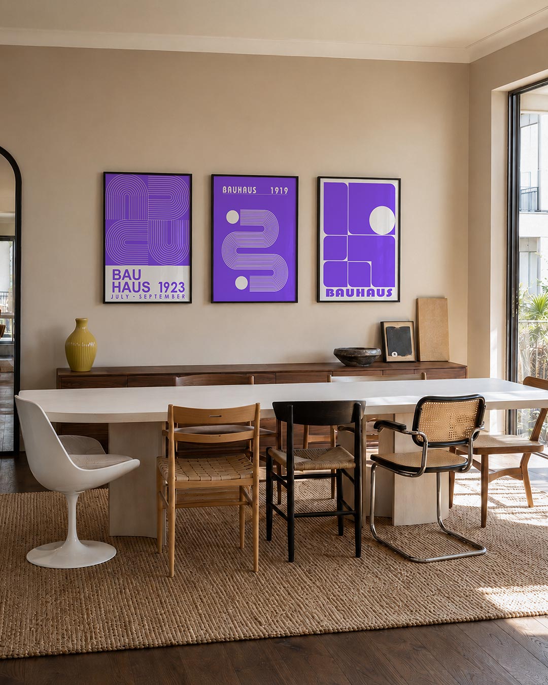 Lijnen en bogen driedelige posterset – deze posterset in drie delen toont een spel van paarse en