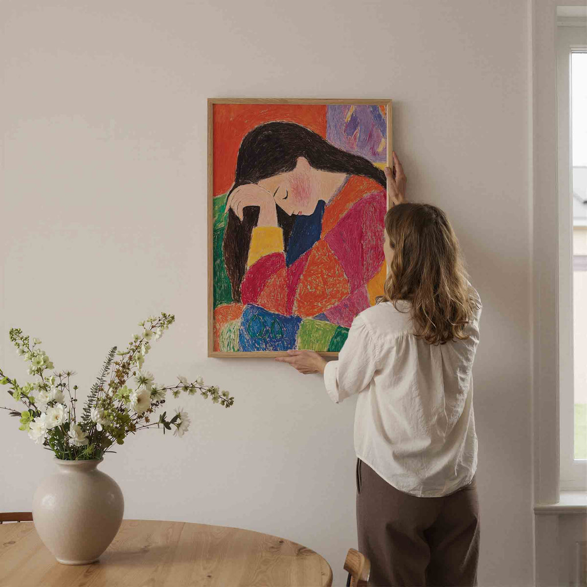 Vrouw met kleurrijke kleding – dromerige illustratie als portret poster