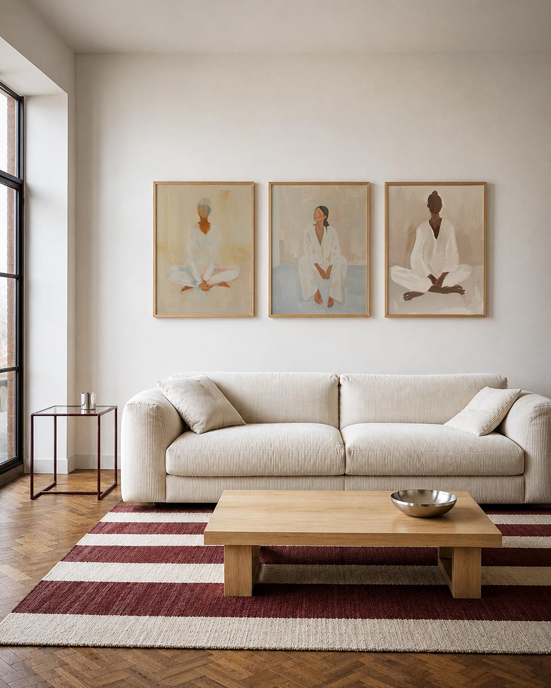 Zachte kleurvlakken driedelige posterset – een serene compositie met zachte beige en witte tinten
