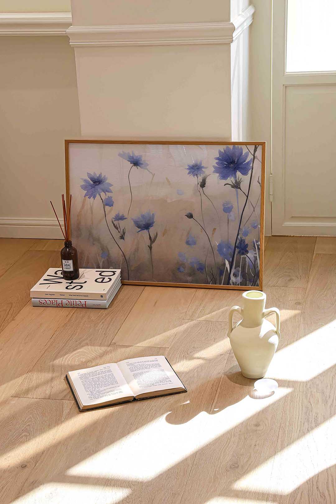 Blauwe bloemen – liggende kleurrijke abstracte wanddecoratie van WallArtistic