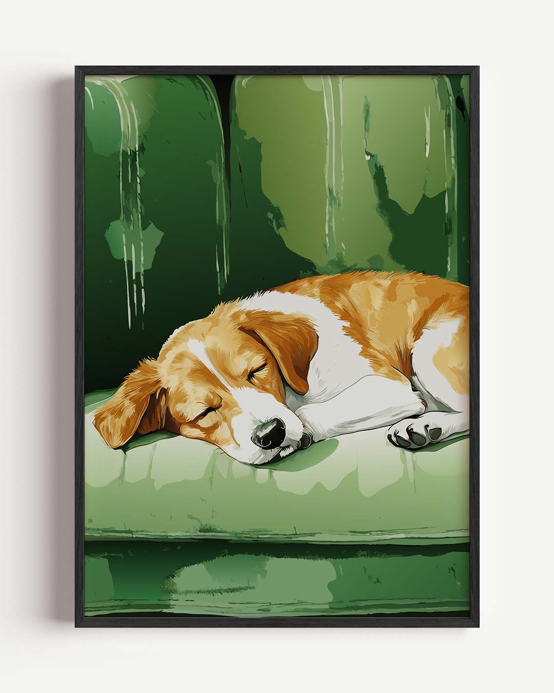 Slapende Hond op Groene Bank – zomer portret poster als wanddecoratie