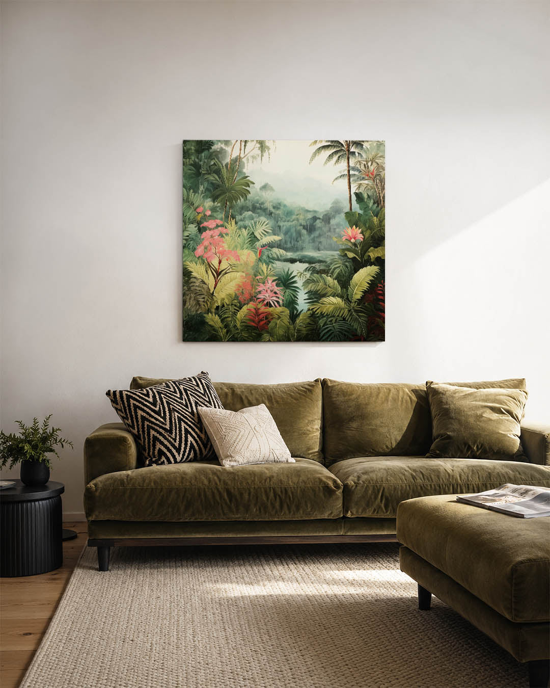 Tropisch landschap kunstwerk – sfeerbeeld – dit werk toont een weelderig tropisch landschap met diverse planten en bloemen.