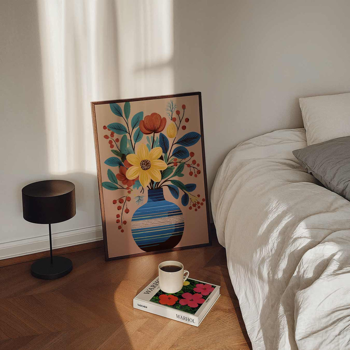 Bloemenpracht in Blauwe Vaas – staande bloemen wanddecoratie van WallArtistic