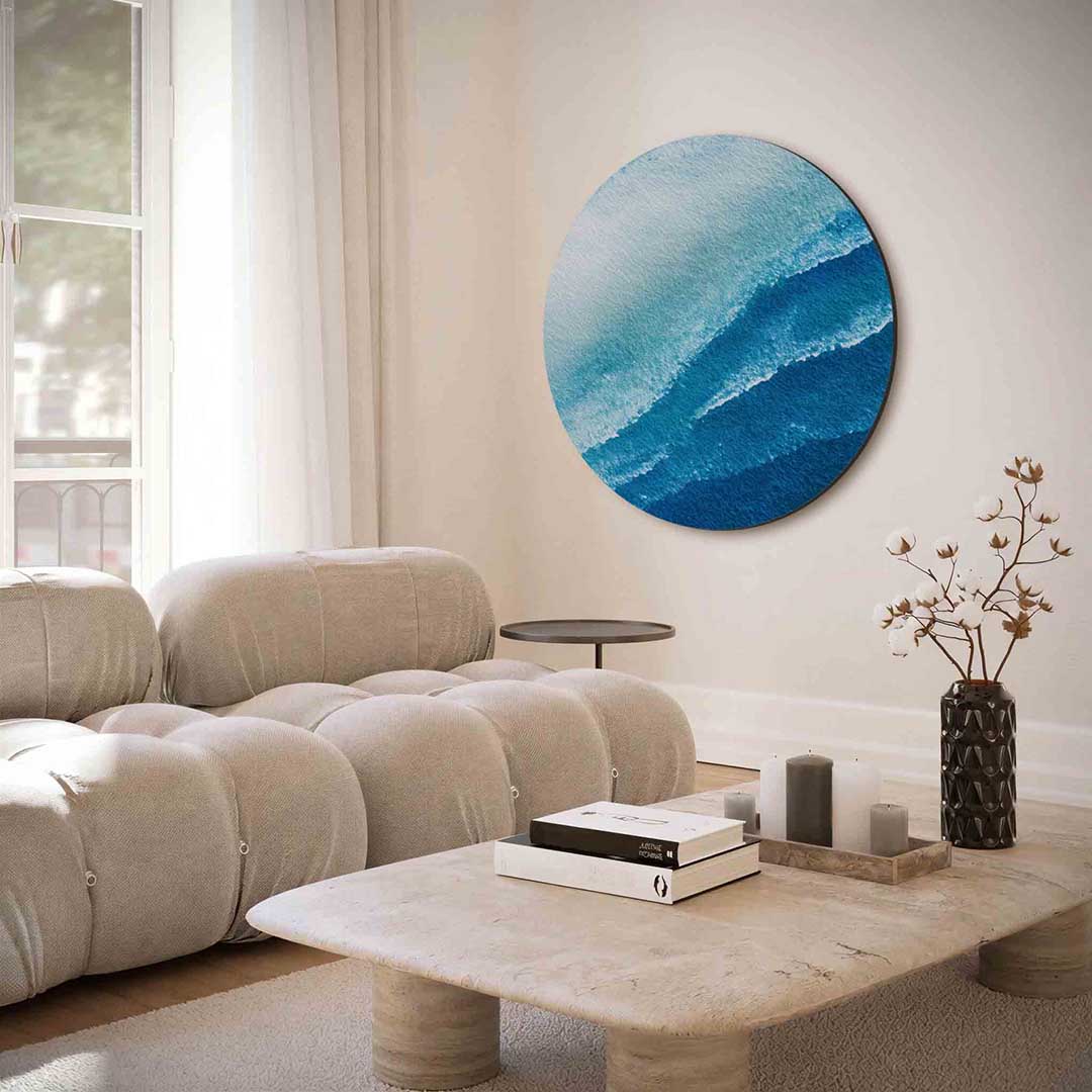 Blauwe golven – portret muurcirkel als ronde muurdecoratie