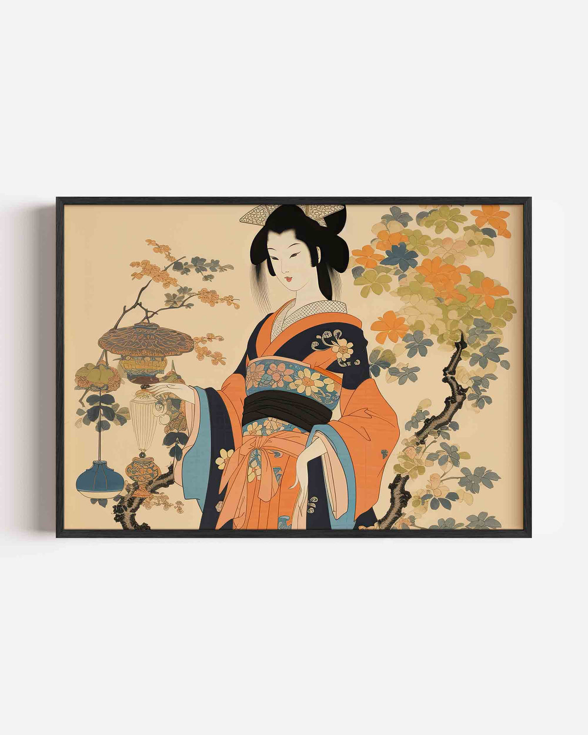 Japanse vrouw met bloemen – keuken landscape poster als wanddecoratie