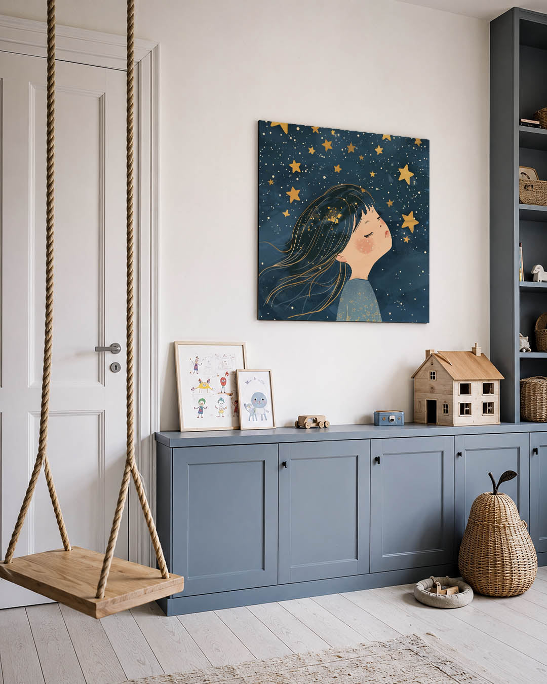Dromerige sterrenhemel kunstwerk – vierkante wanddecoratie – een kind kijkt dromerig naar een sterrenhemel vol gele sterren