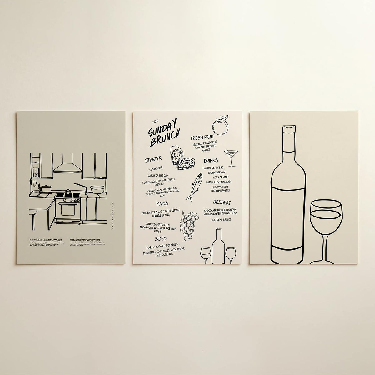 Keukenlijnenspel – driedelige posterset in interieur
