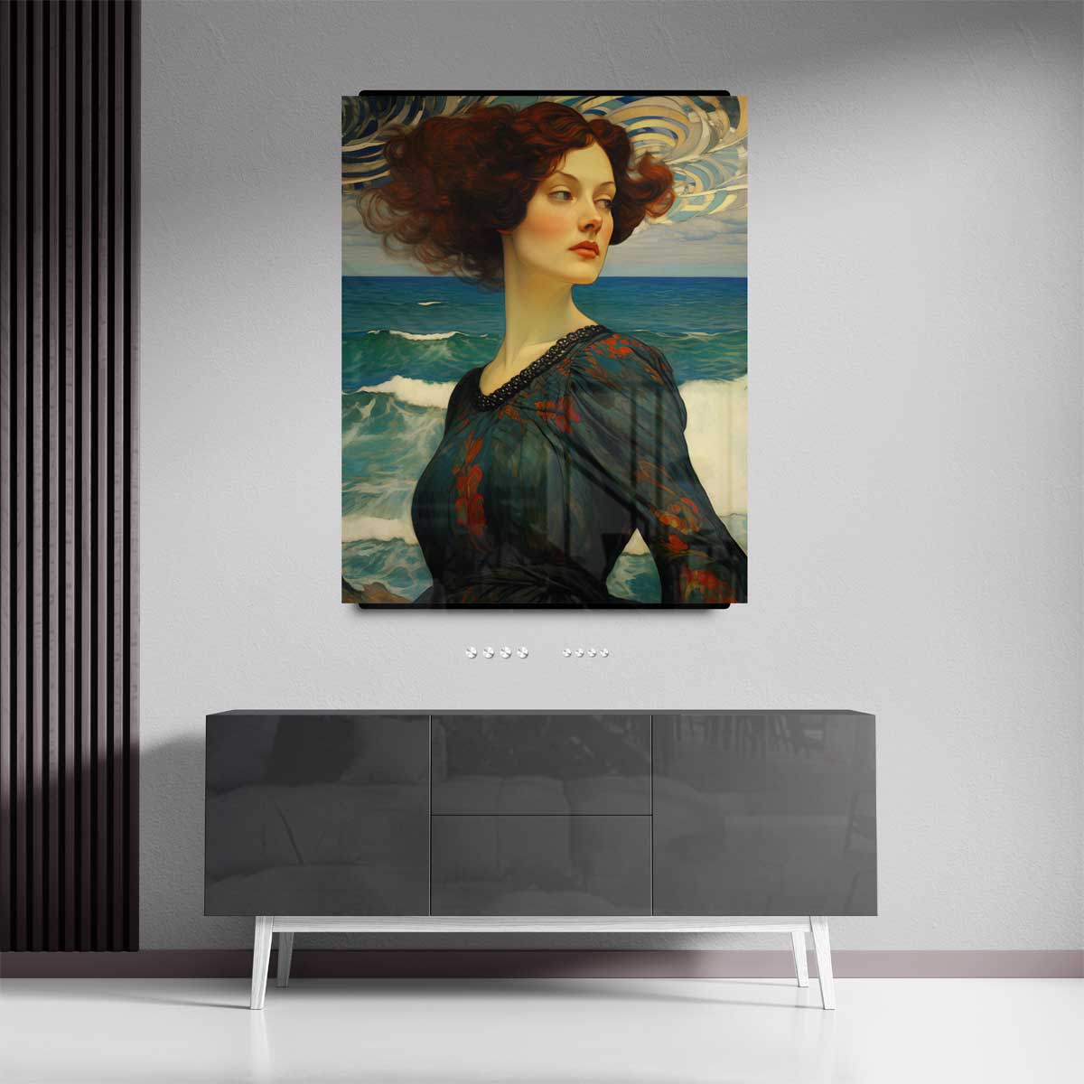 Dromerige dame aan zee – portret wandkunst van WallArtistic