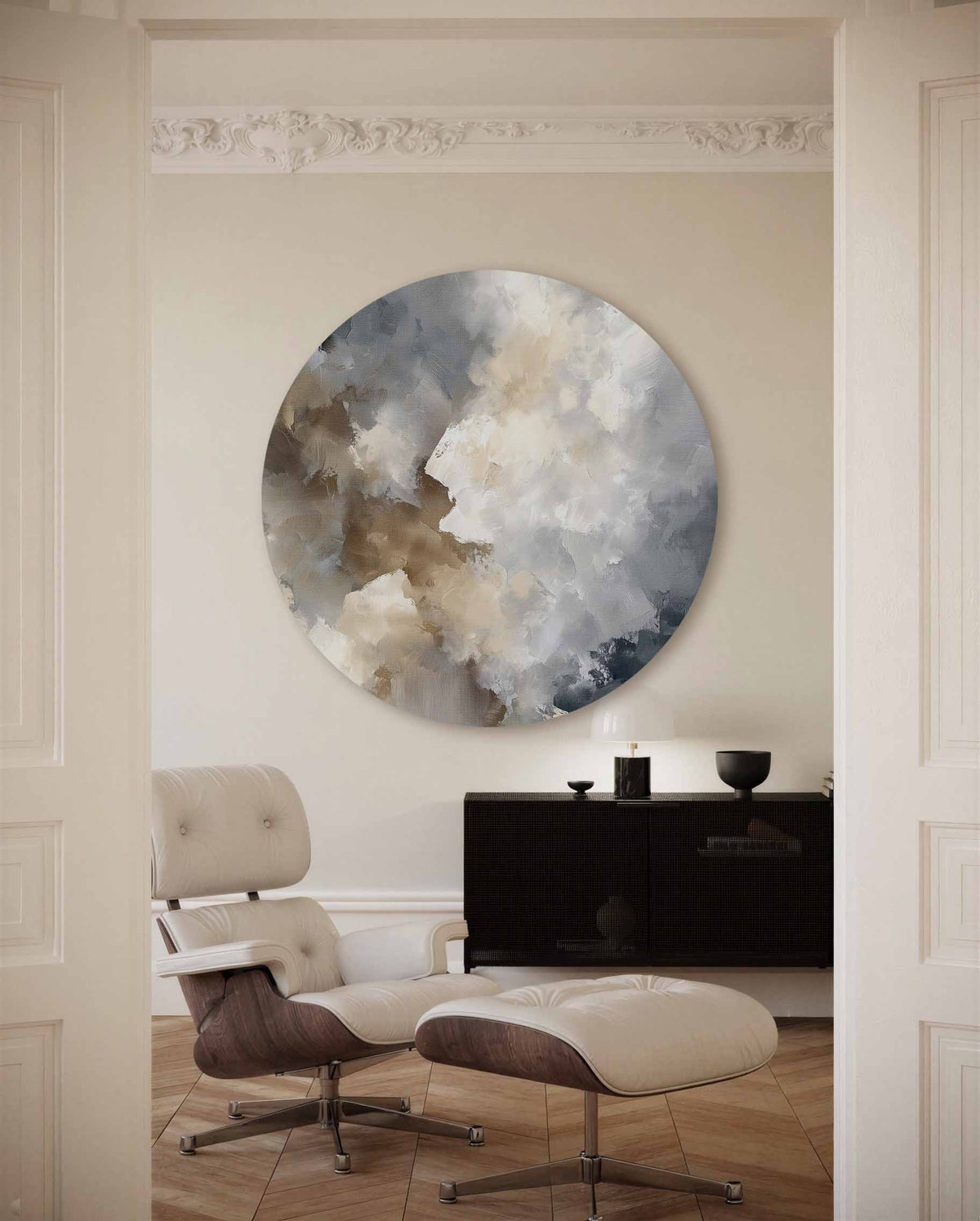 Abstracte wolken – portret muurcirkel als ronde muurdecoratie