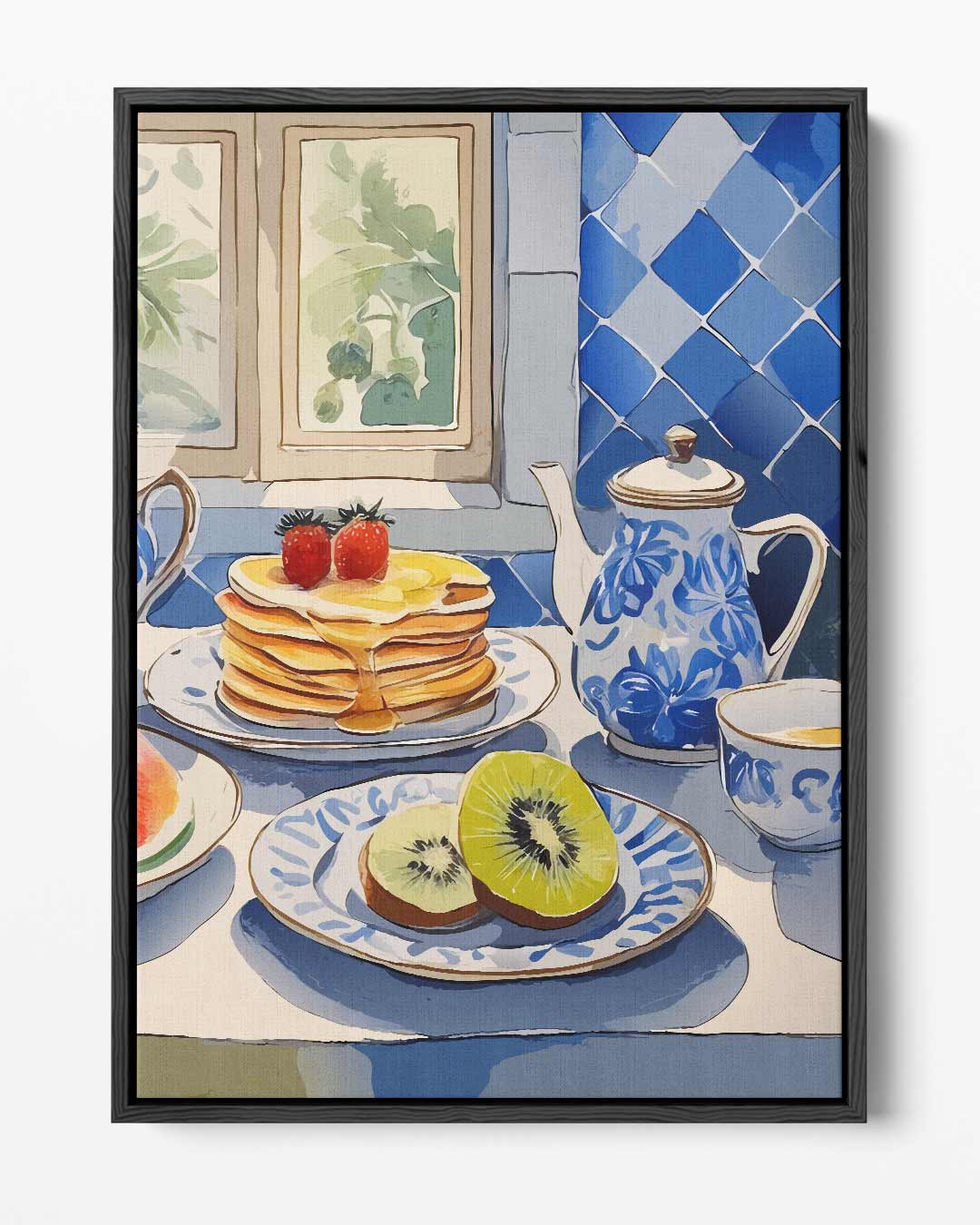 Ontbijttafel in Blauwe Tegelstijl – portret kunstwerk als wanddecoratie