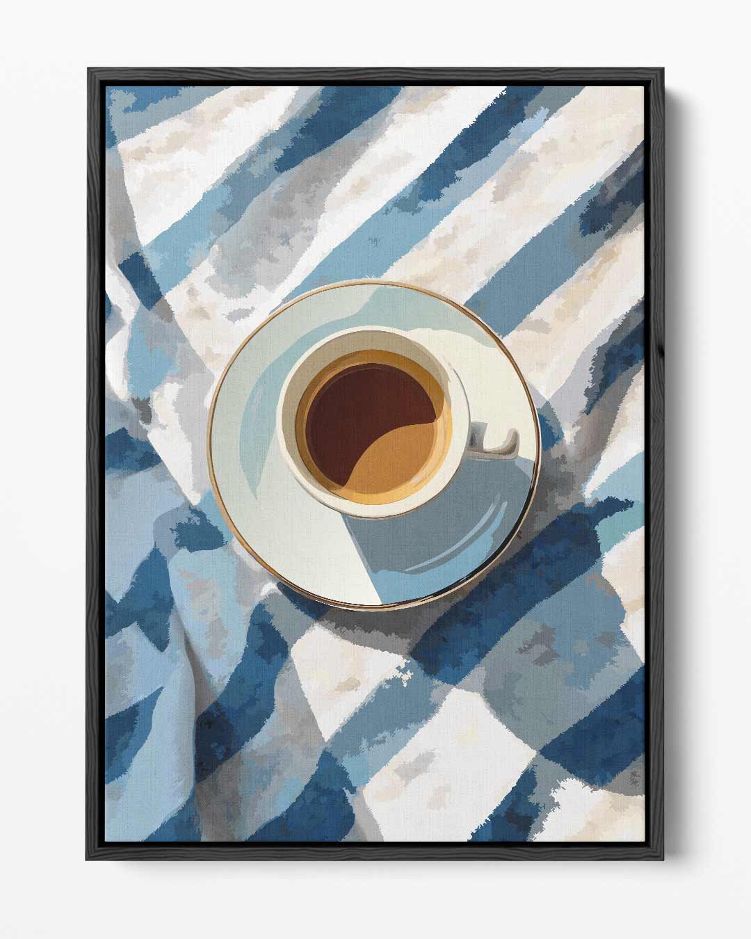 Koffiekopje op Blauw-Wit Doek – portret kunstwerk als wanddecoratie
