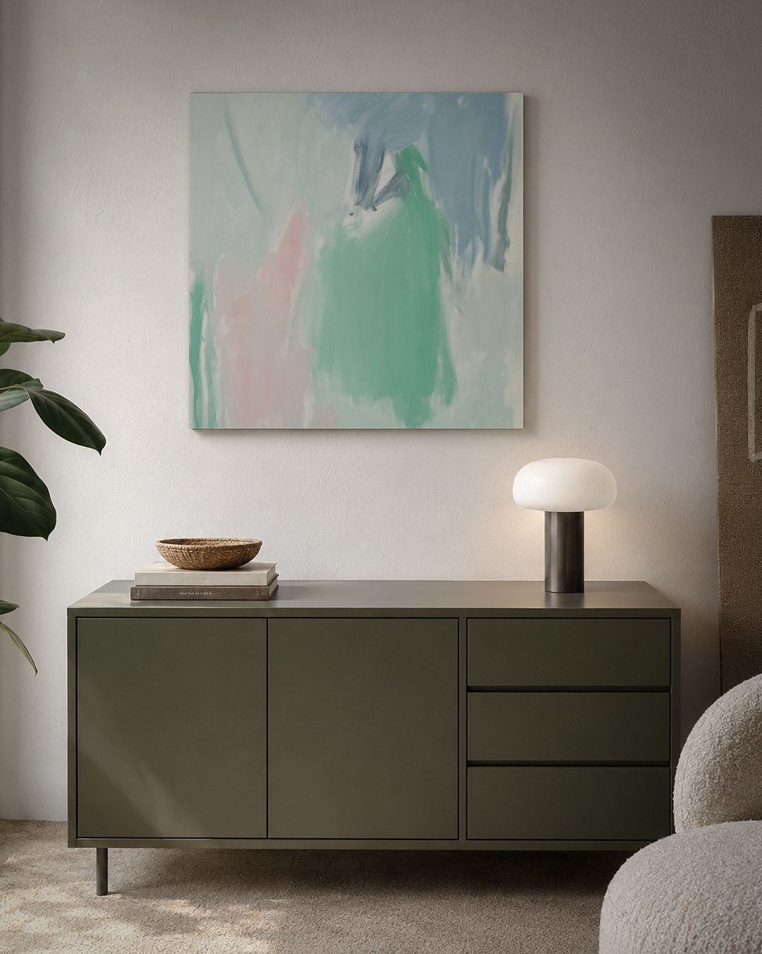 Vloeiende kleurencompositie kunstwerk – detailweergave – dit werk toont zachte penseelstreken in pastelkleuren. De vloeiende