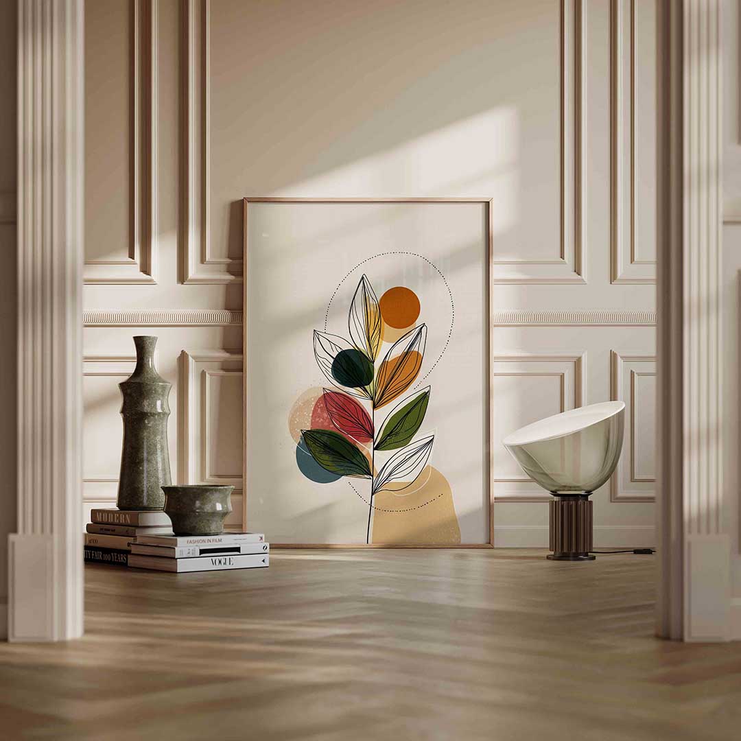 Bladeren en cirkels – staande abstracte wanddecoratie van WallArtistic