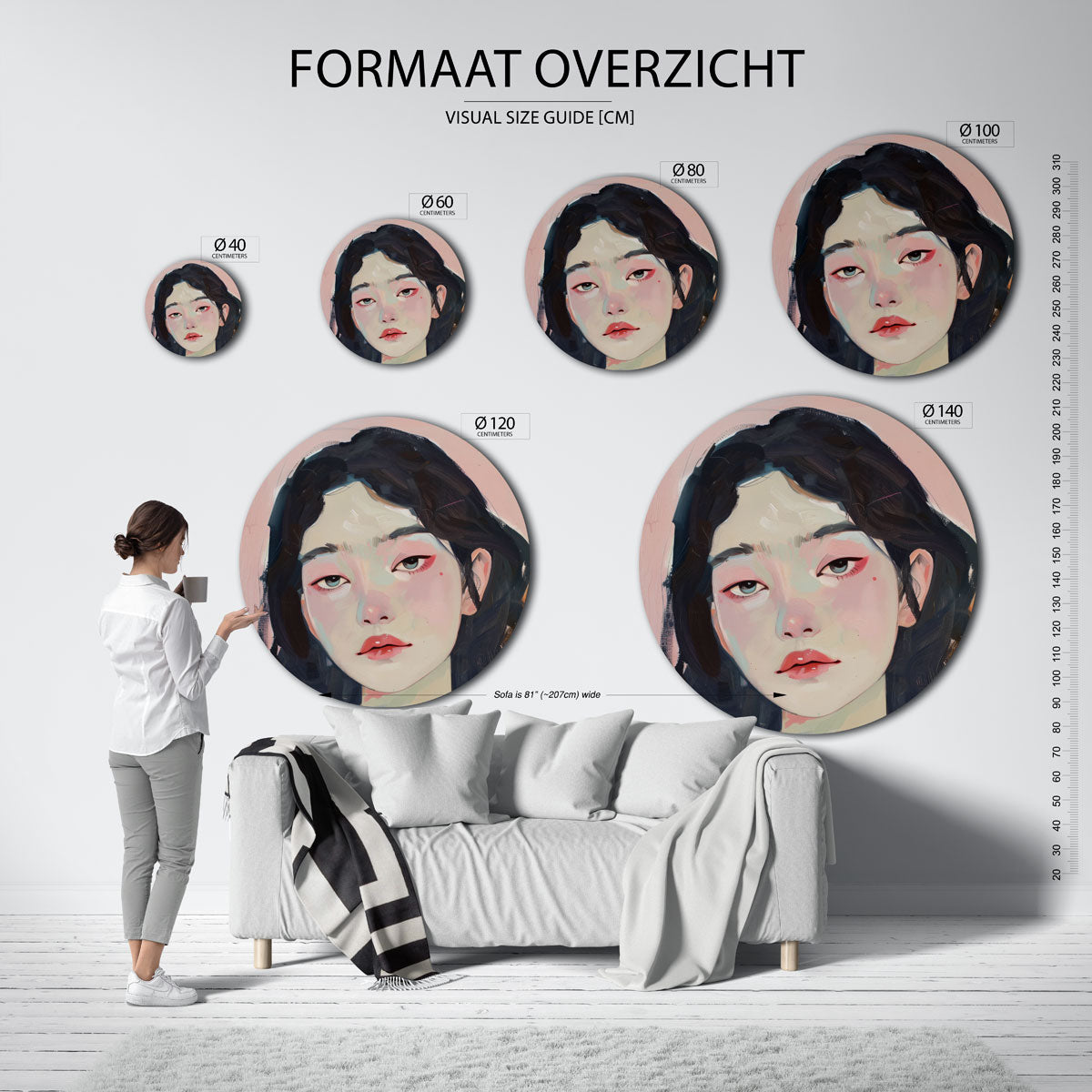 Portret vrouw – ronde muurdecoratie met kleur en vorm