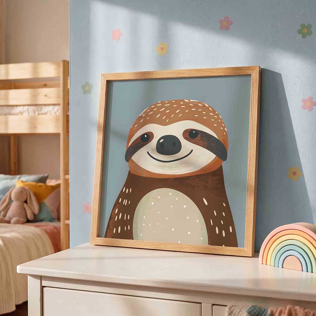 Lieve luiaard – speelse wandkunst als vierkante kinderposter
