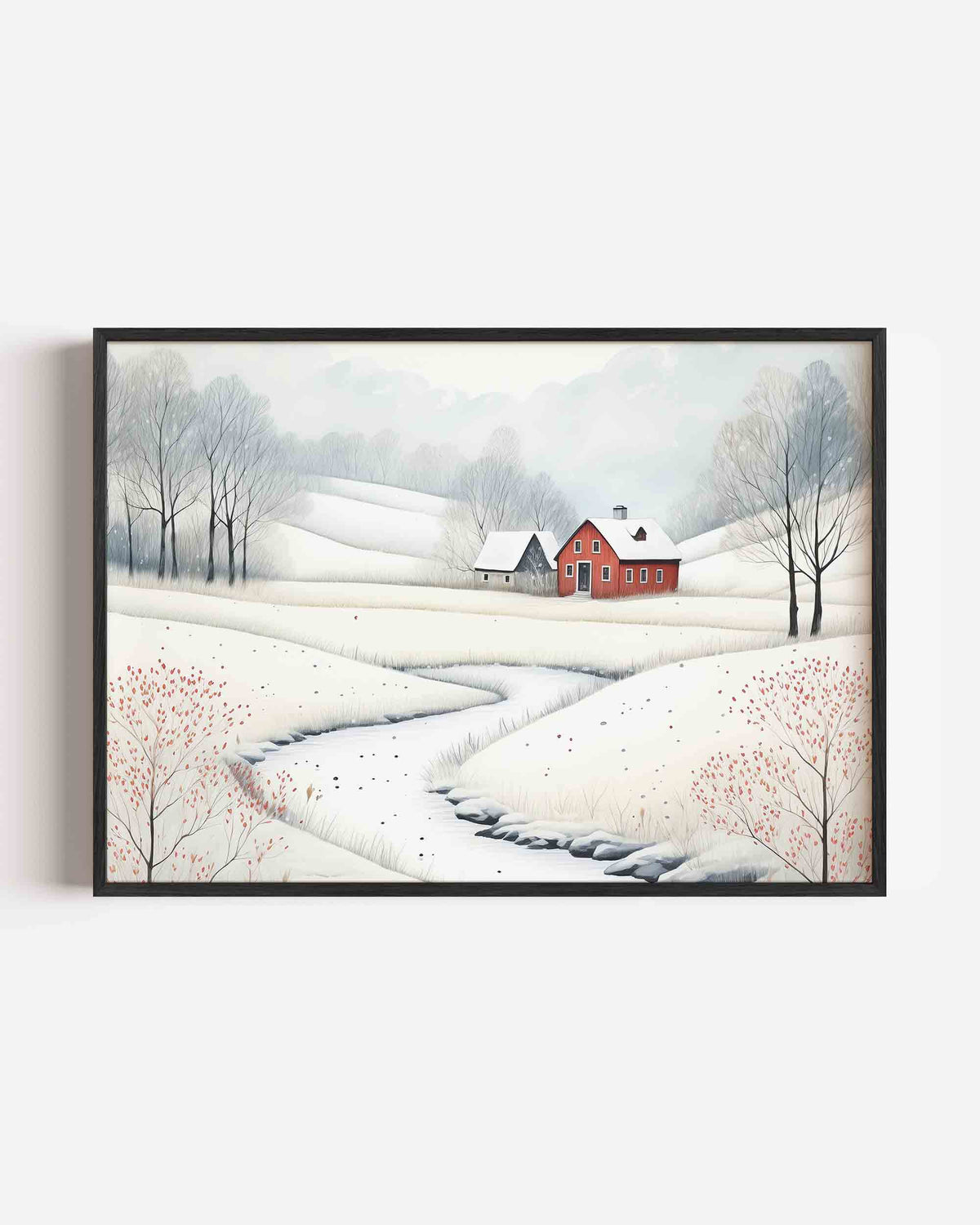Landschap met rode boerderij – hedendaagse illustratie poster in landscape formaat